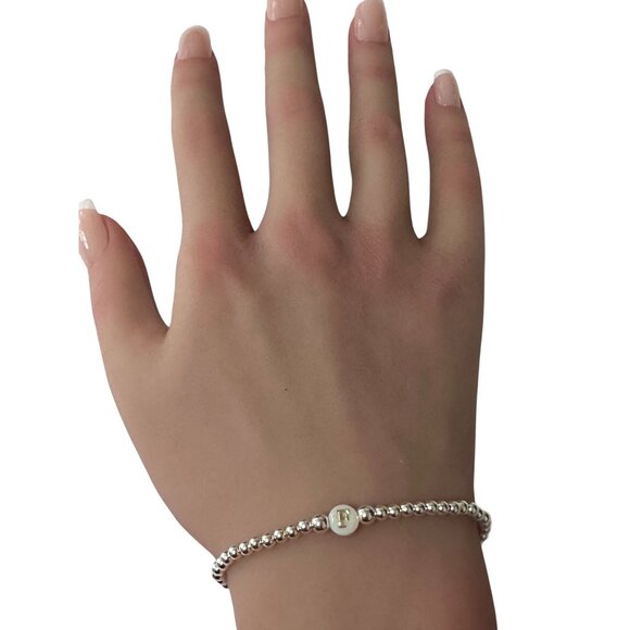 925 Sterling Silver Beaded Stretch Stacking Bracelet MOP Letter Initial F - Picture 6 of 6